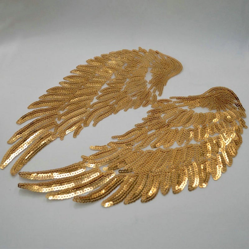 FEEPOP 1Pair Fashion Gold/Silver Angel Wings Sequins Patches for Clothing Iron-on Embroidered Patch Motif Applique DIY Xmas Accessories(5.5X12inch) (Gold) - Image 2